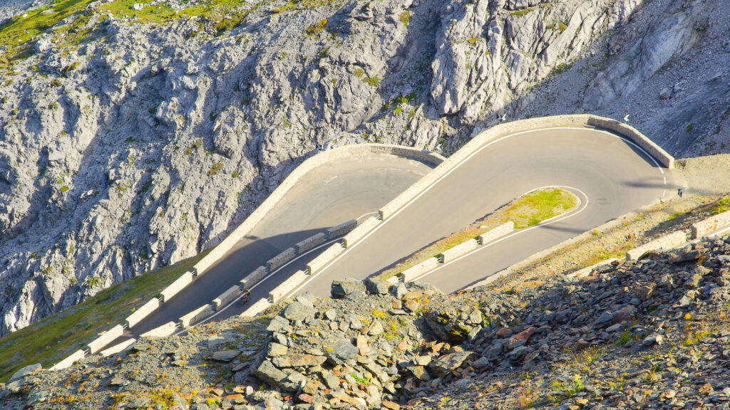 Switchbacks on Stelvio Pass, one of the hardest cycling climbs in the world