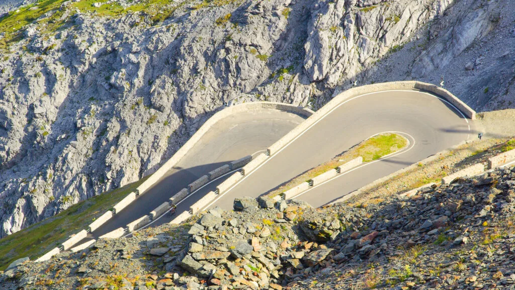 Switchbacks on Stelvio Pass, one of the hardest cycling climbs in the world