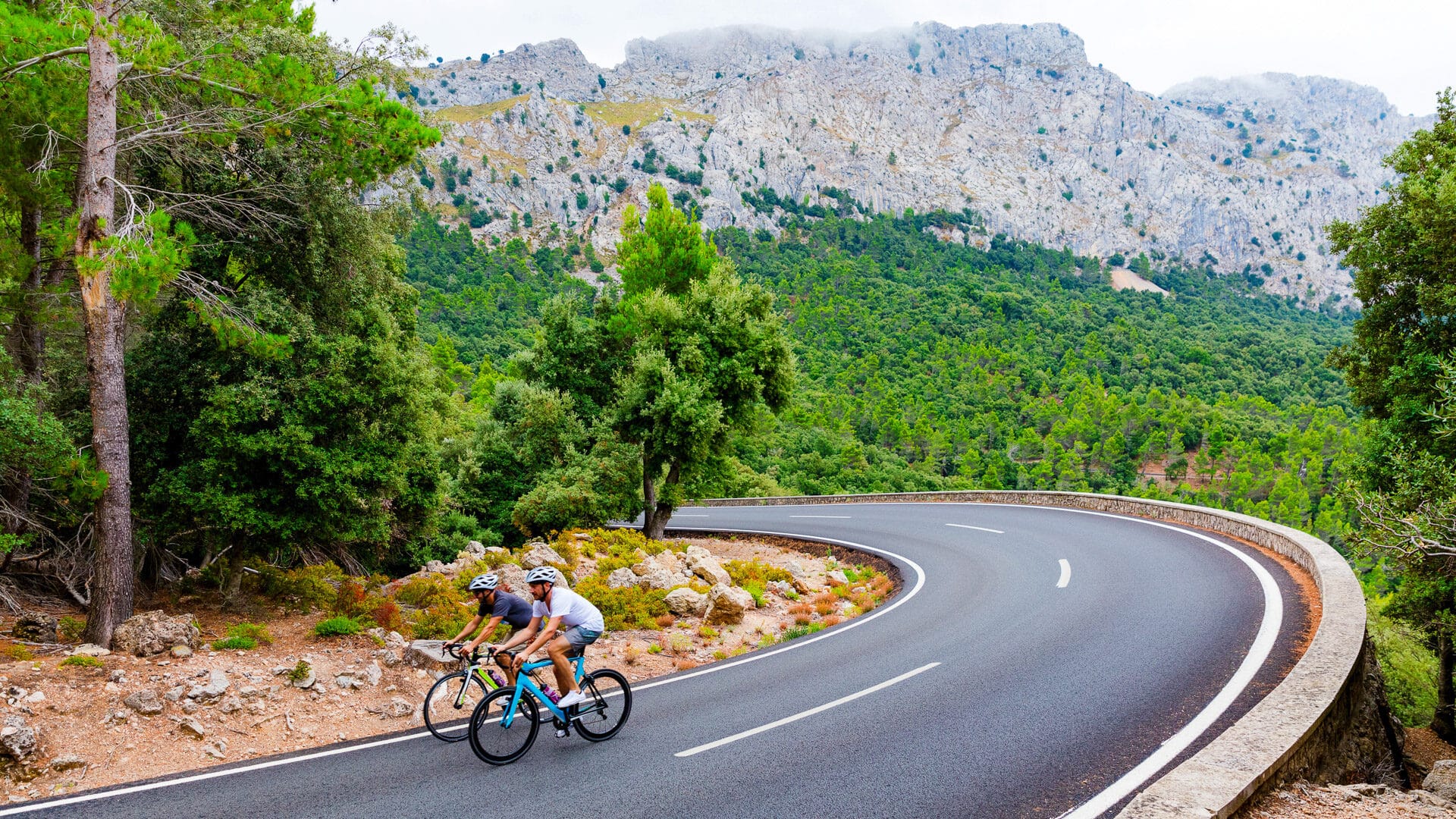 Cyclists Riding Puig Major Peak Majorca Spain