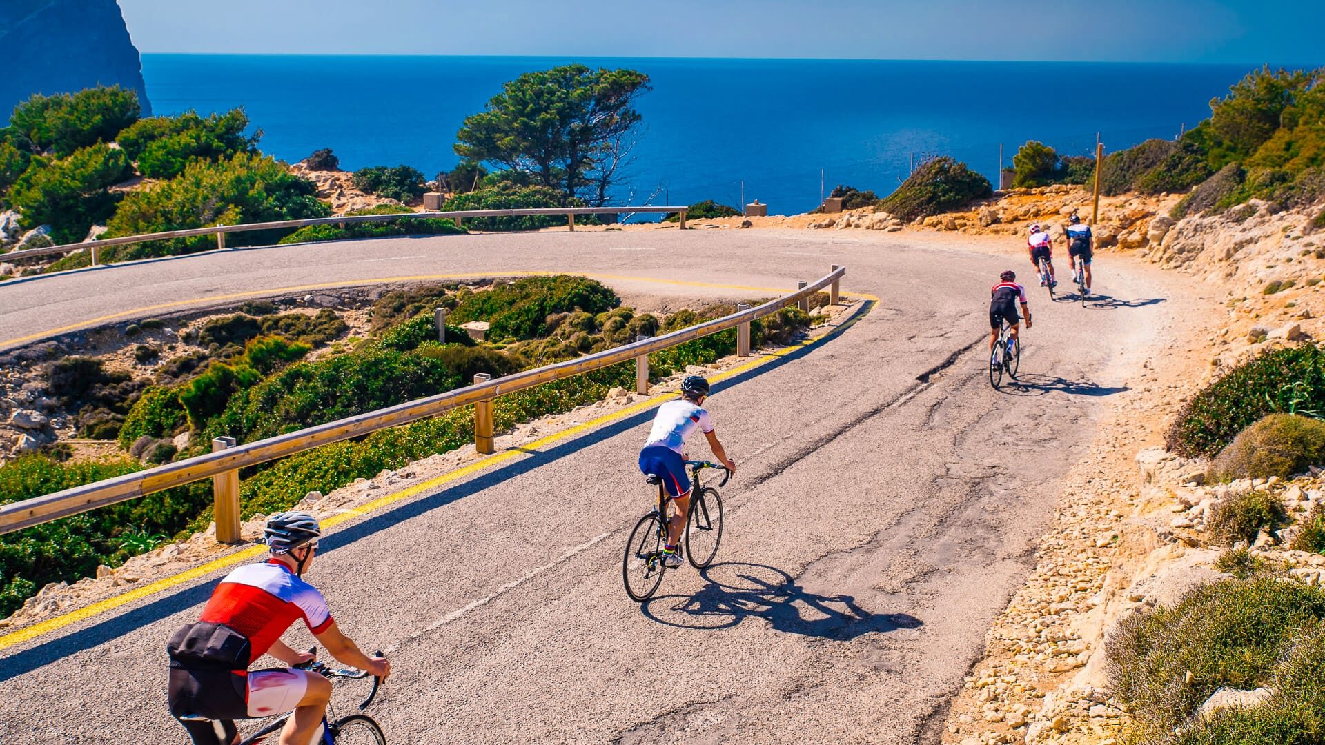 Group of athletes on road bicycle ride by the sea in beautiful nature