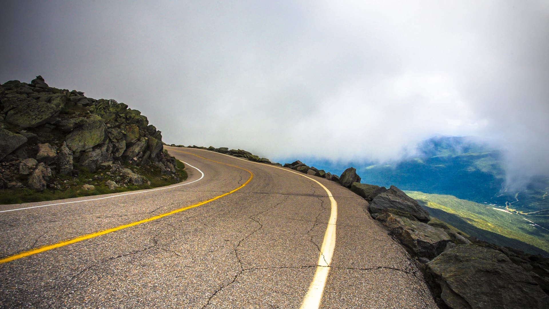 Winding mountain road climbing Mount Washington in New Hampshire, USA