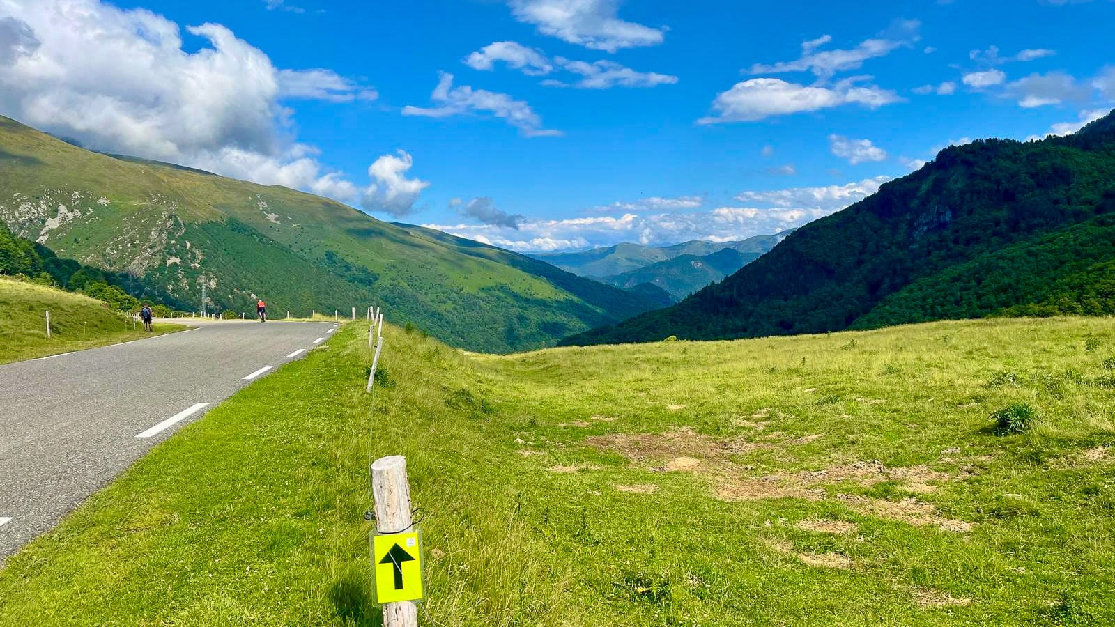 Climb marker on quiet mountain road on Tour de France route in the French Pyrenees