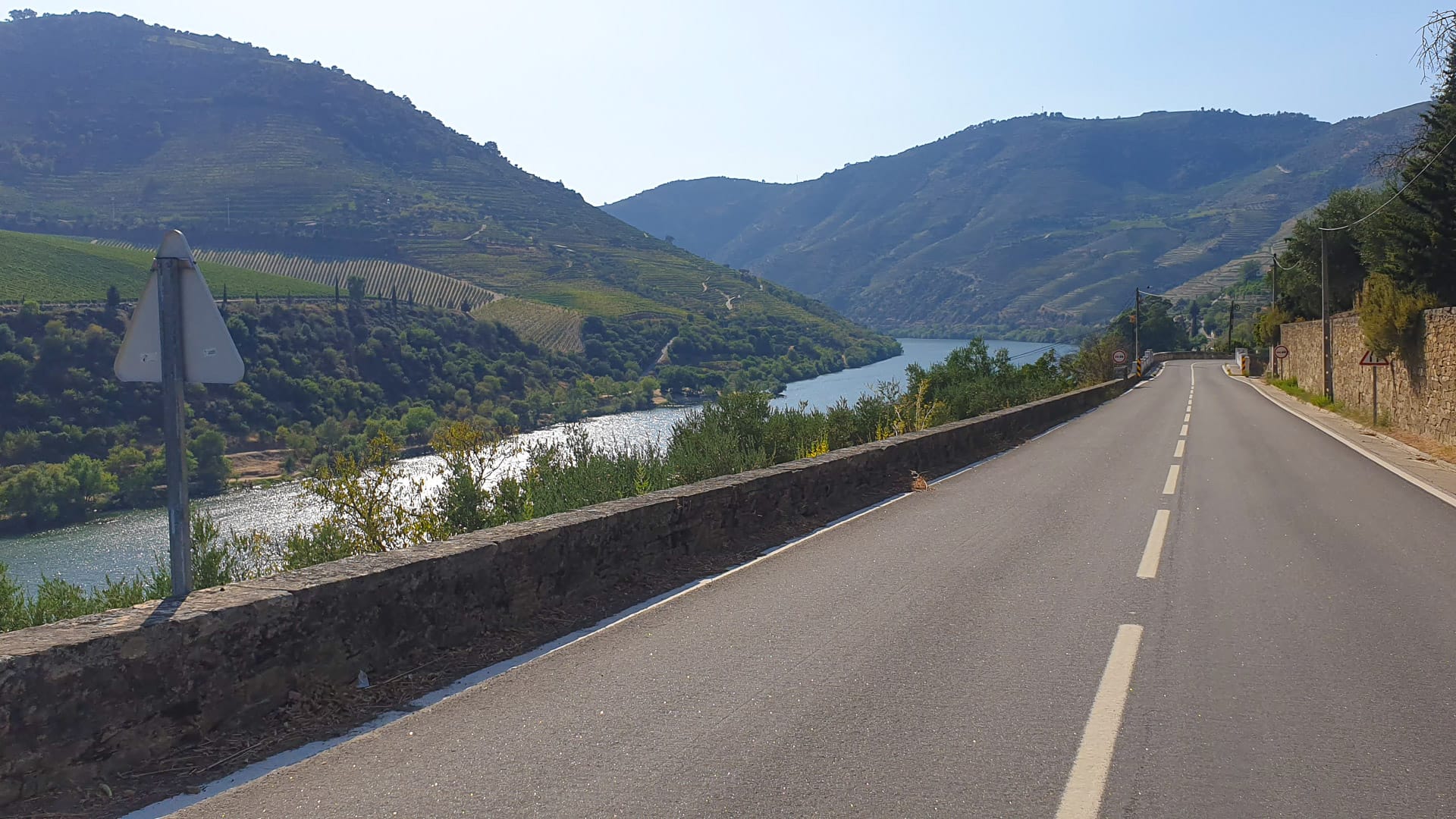 Peaceful road running alongside the Douro Valley river with vineyard hills in Portugal