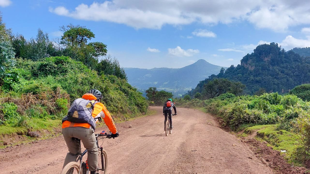Cyclist climbing the Bale Mountains in Ethiopia