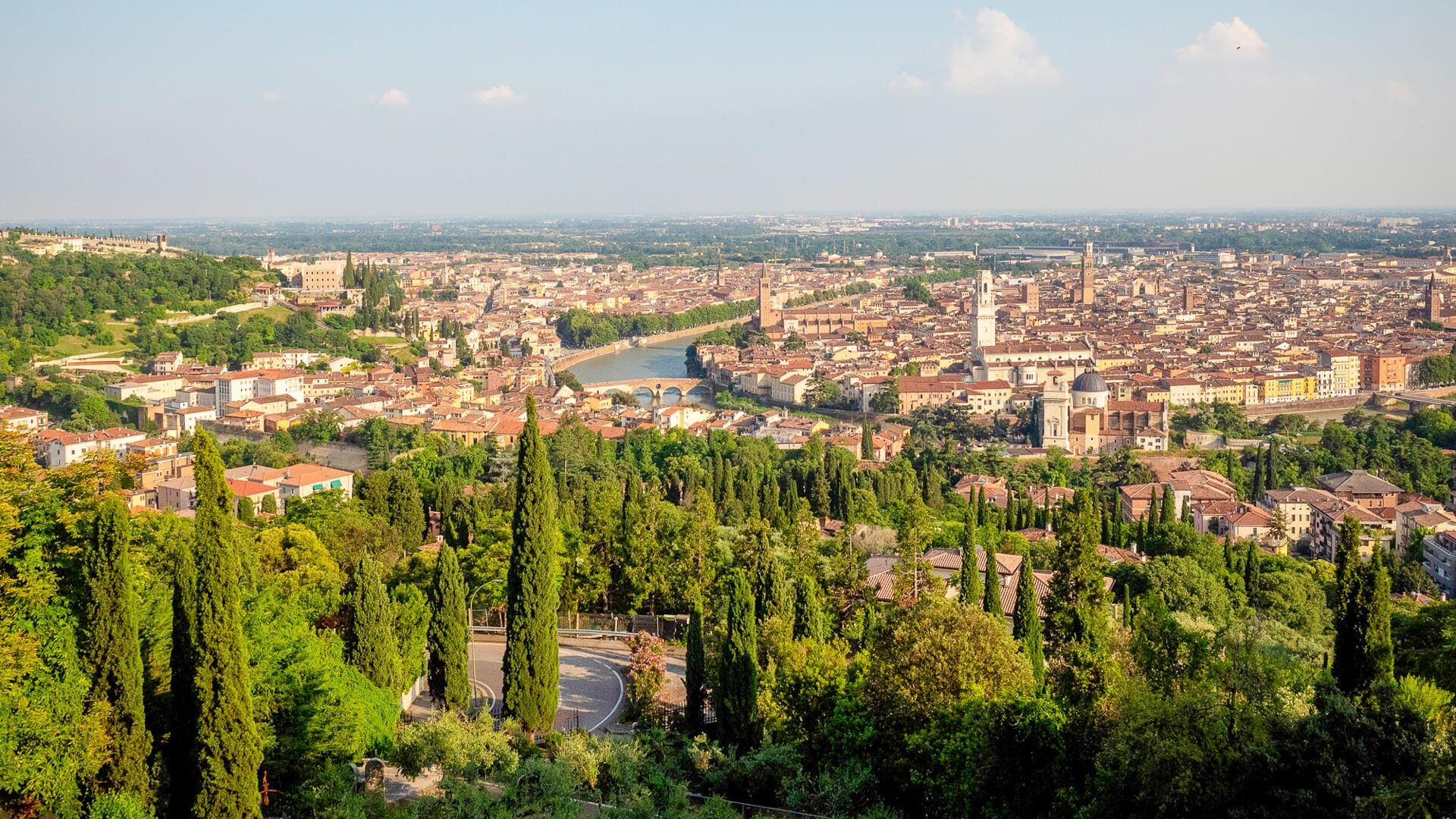 Aerial view of the Valpolicella region with rolling vineyards and hills in northern Italy