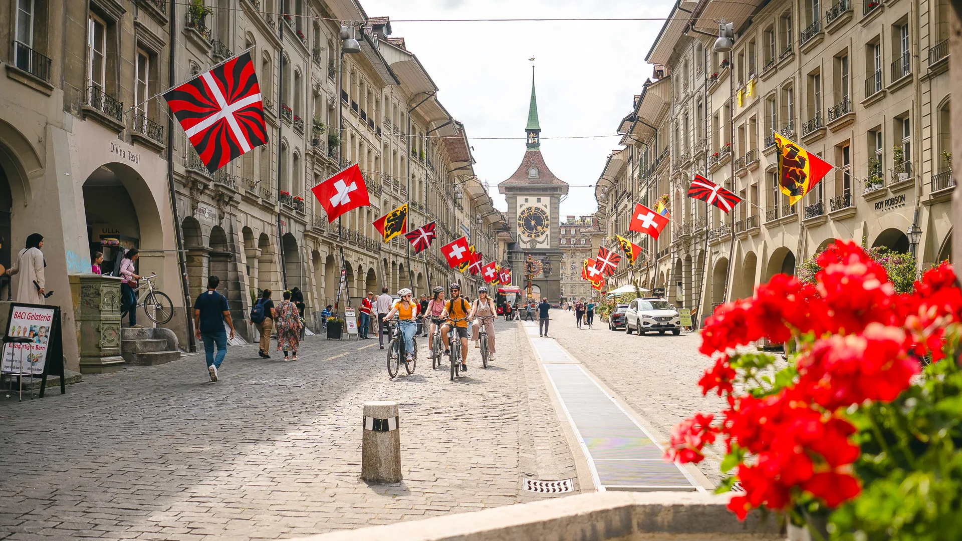 View of Bern’s historic Zytglogge Clock Tower surrounded by Old Town buildings