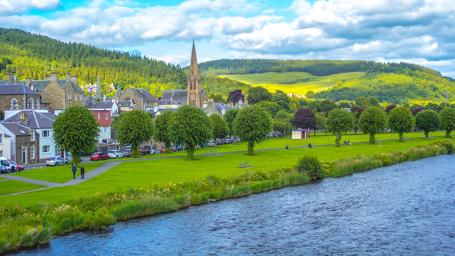Panorama of Peebles with the river Tweed, Scottish borders,  Scotland, UK