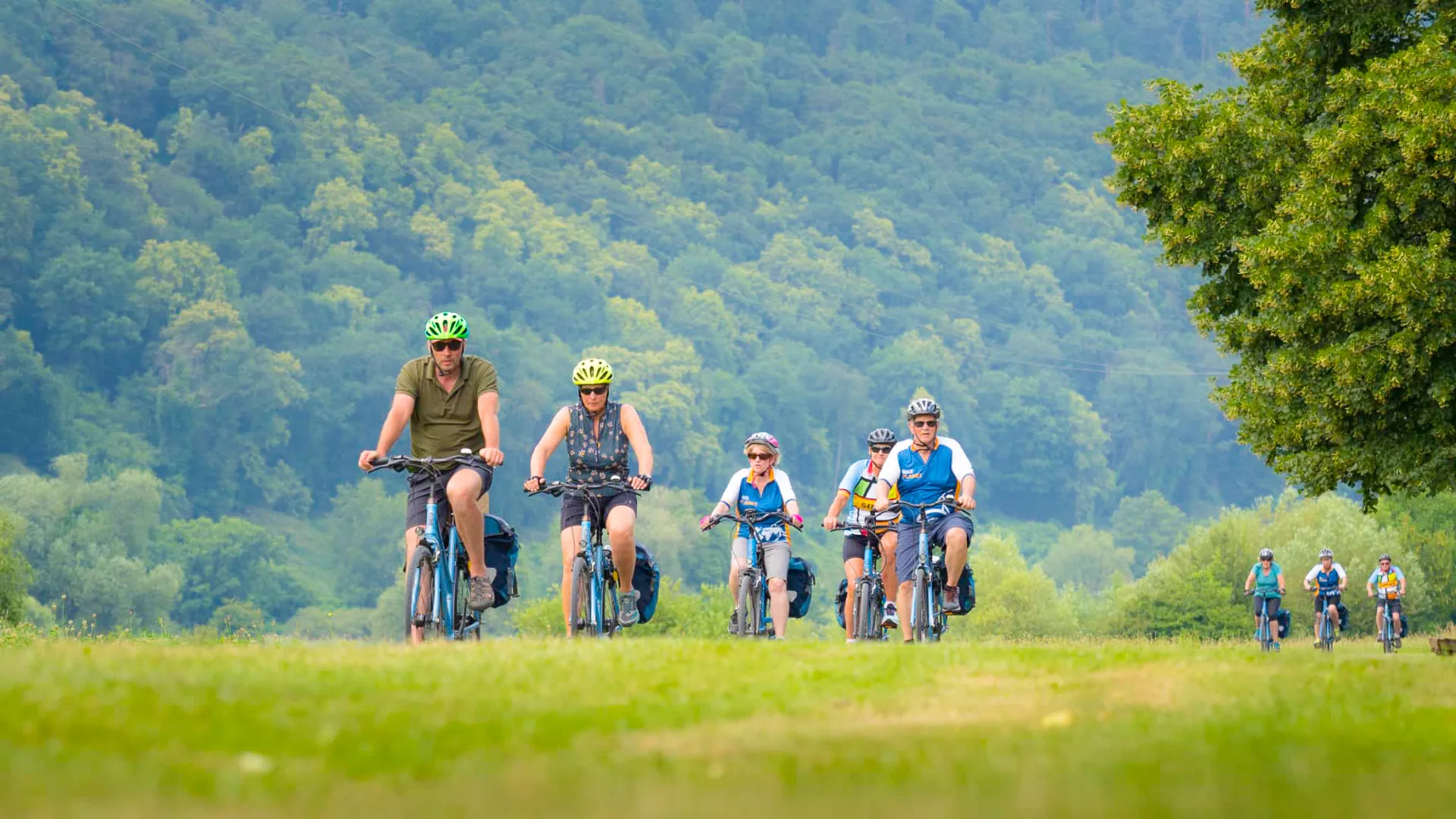 Senior cyclists enjoying a bike tour along the Main River in Germany