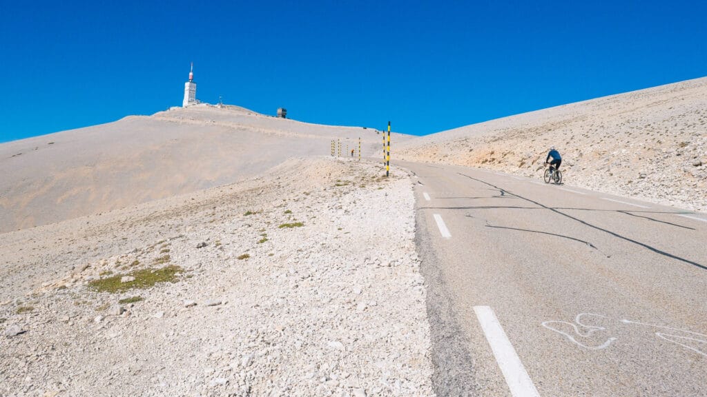 Cyclist approaching the iconic summit of Mont Ventoux in Provence