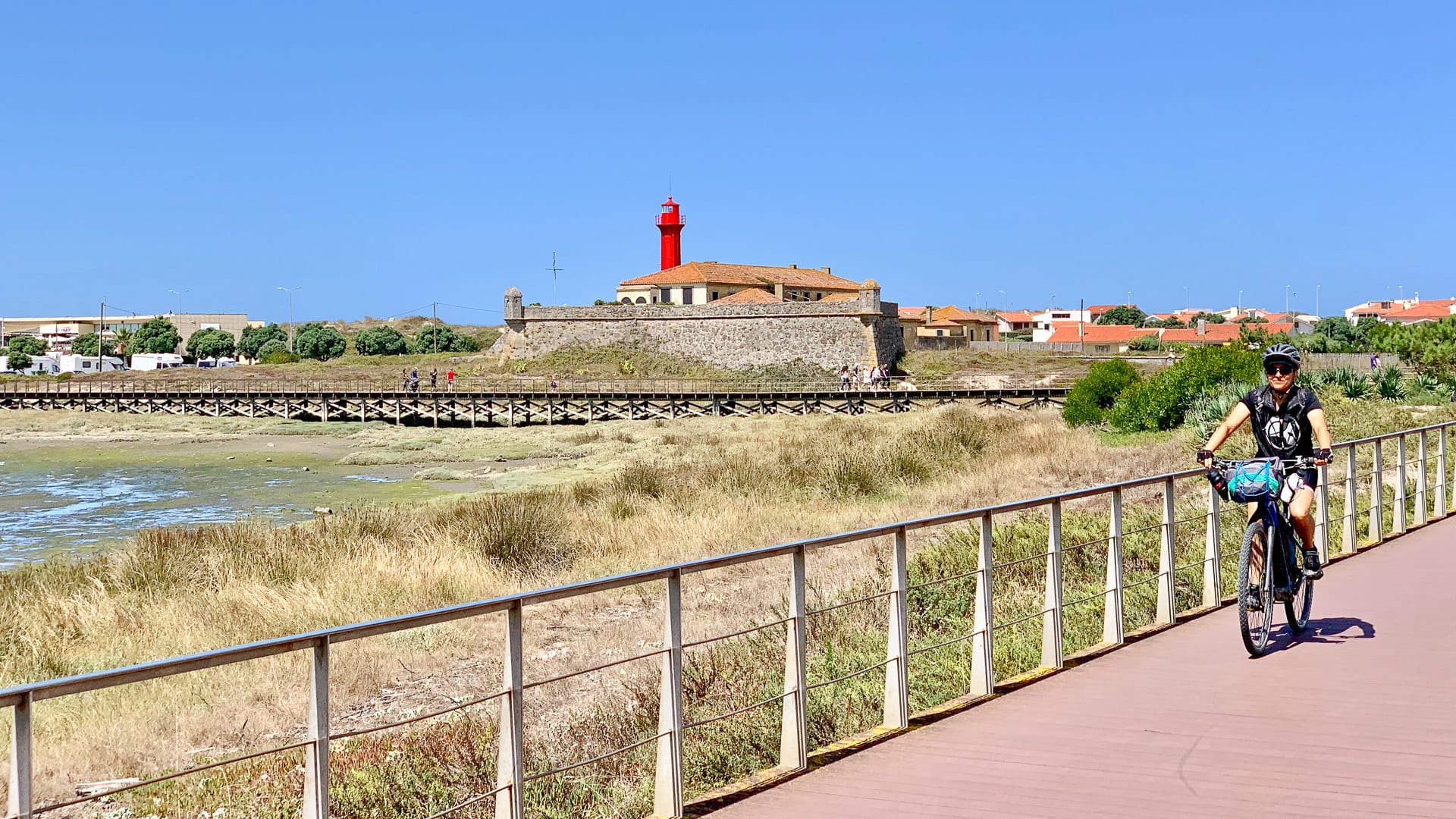 Cyclist on a self-guided ride along the Porto and Green Coast route in northern Portugal