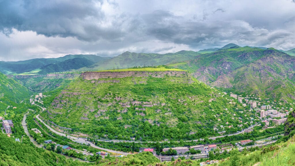 The mountain landscape of Alaverdi, located at the bottom of the Debed river gorge with the Somkheti Mountains on the background, Lori, Armenia.