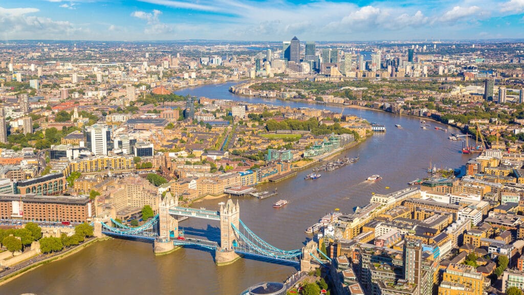 Panoramic aerial view of Tower Bridge in London in a beautiful summer night, England, United Kingdom