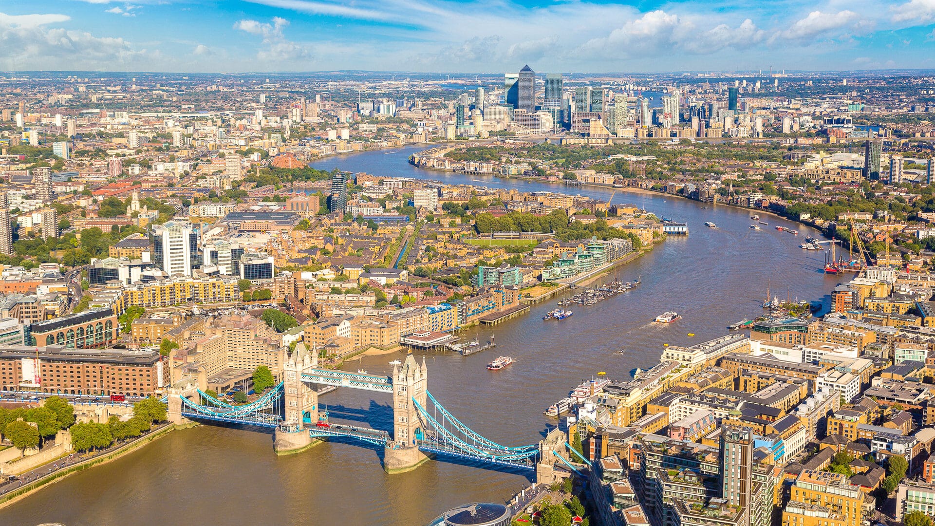 Panoramic aerial view of Tower Bridge in London in a beautiful summer night, England, United Kingdom