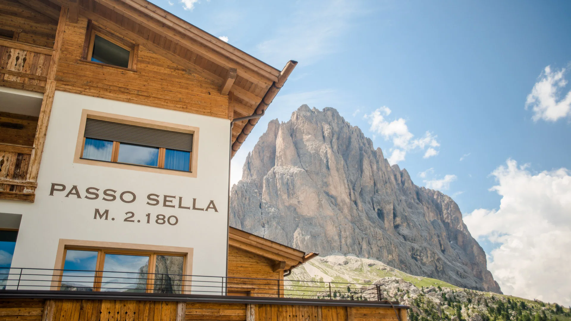 Passo Sella mountain pass in Italy with dramatic rocky peaks and alpine scenery in the Dolomites