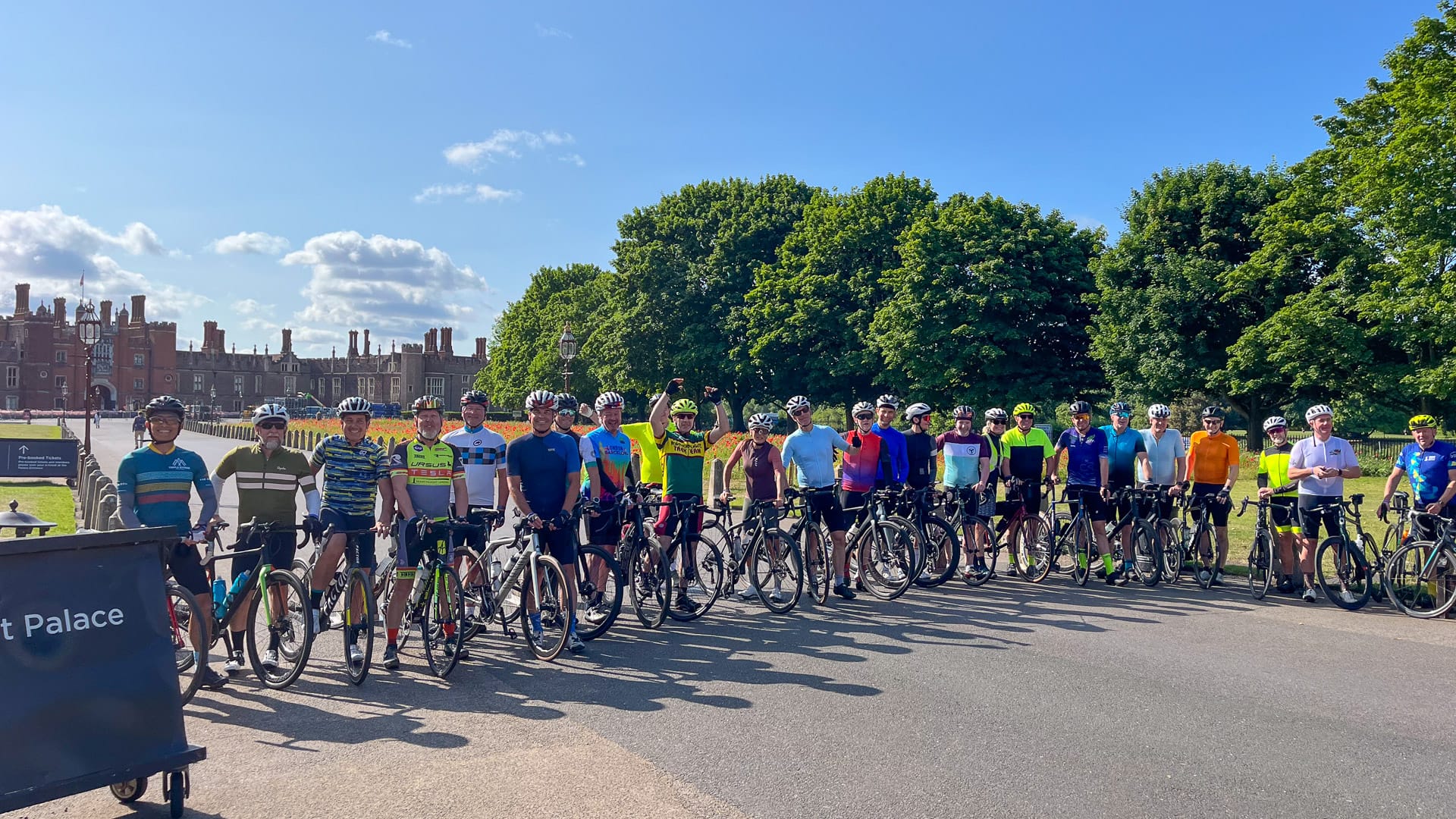 Group of cyclists starting a multi day ride from Hampton Court Palace to Barcelona via ferry from Portsmouth