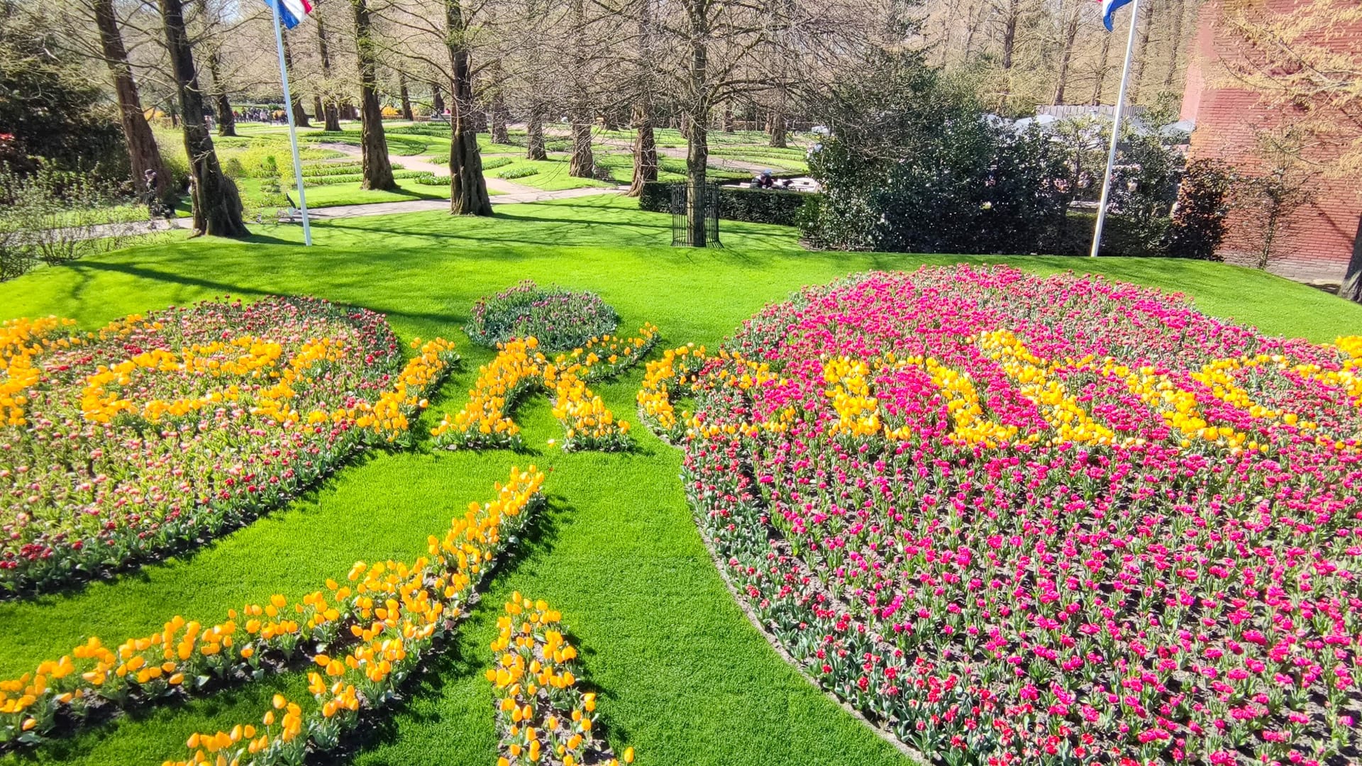 Keukenhof gardens in the Netherlands with colourful tulip displays and landscaped paths