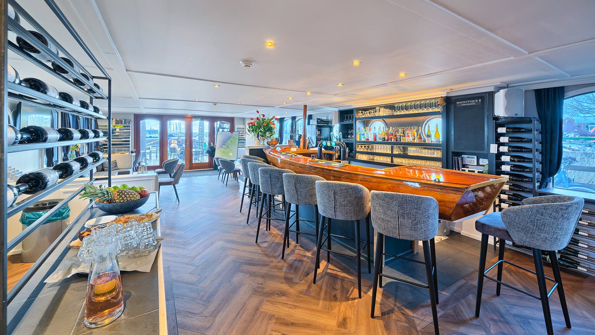 Interior of the premium cruise ship Magnifique II with comfortable lounge and modern design