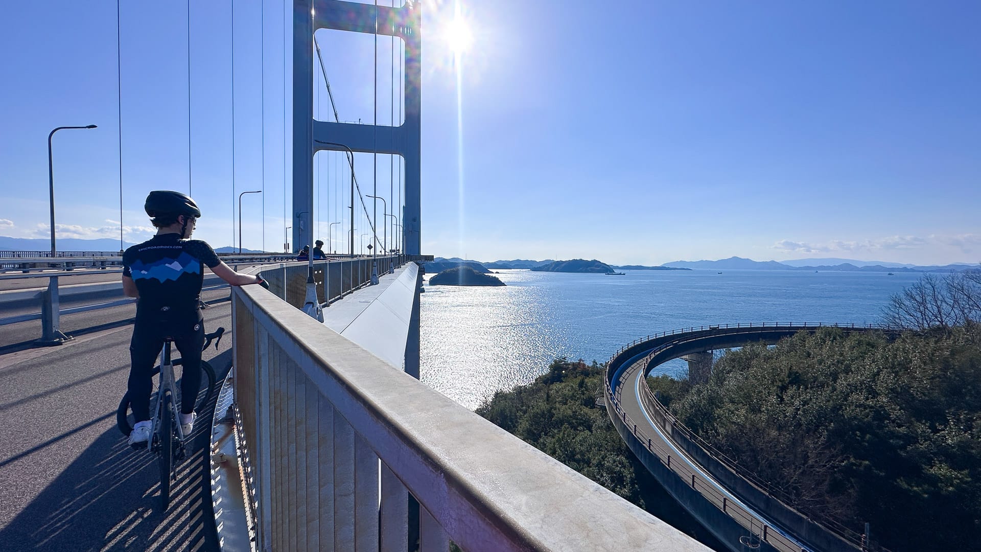 Looking down to route onto Kurushima Kaikyo Bridges