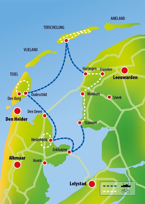 Route map of the Sail & Bike Wadden Sea tour