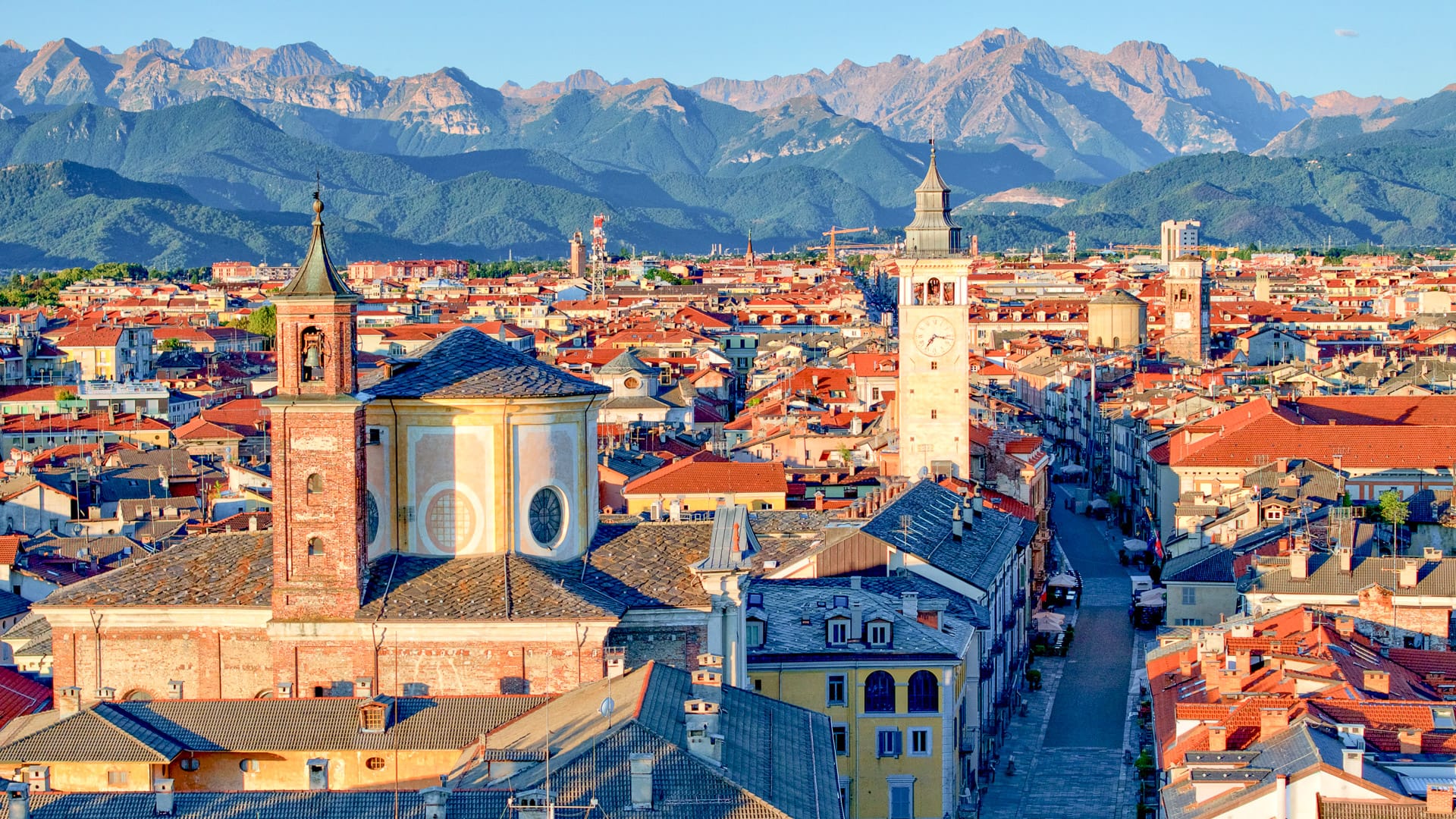 Panoramic view across Cuneo and the surrounding Alps