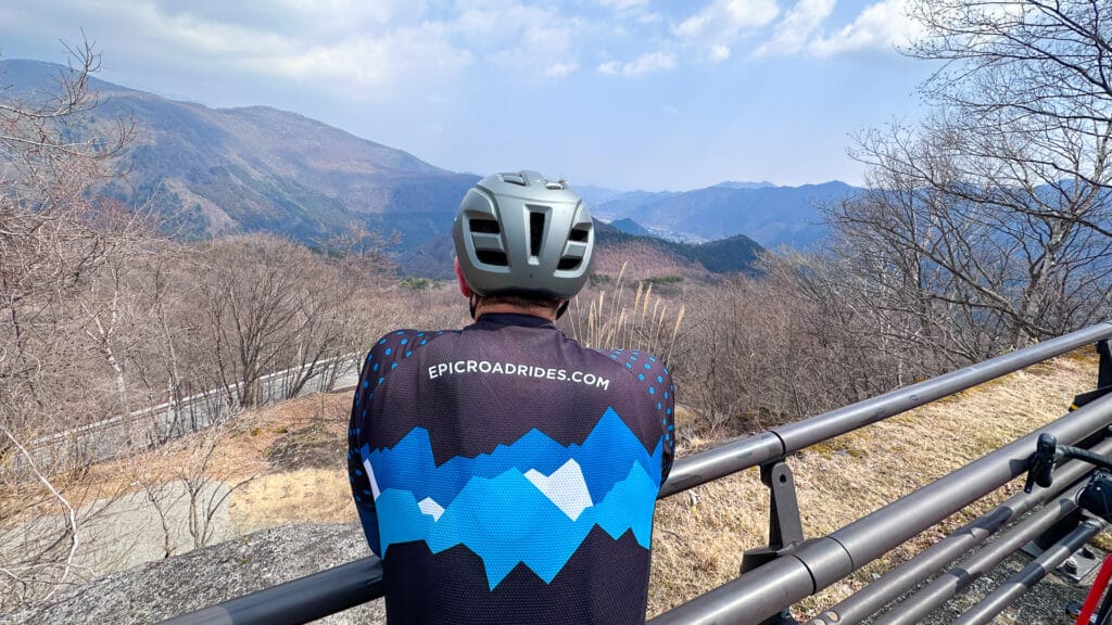 Cyclist taking a break on the climb to Lake Chuzenji