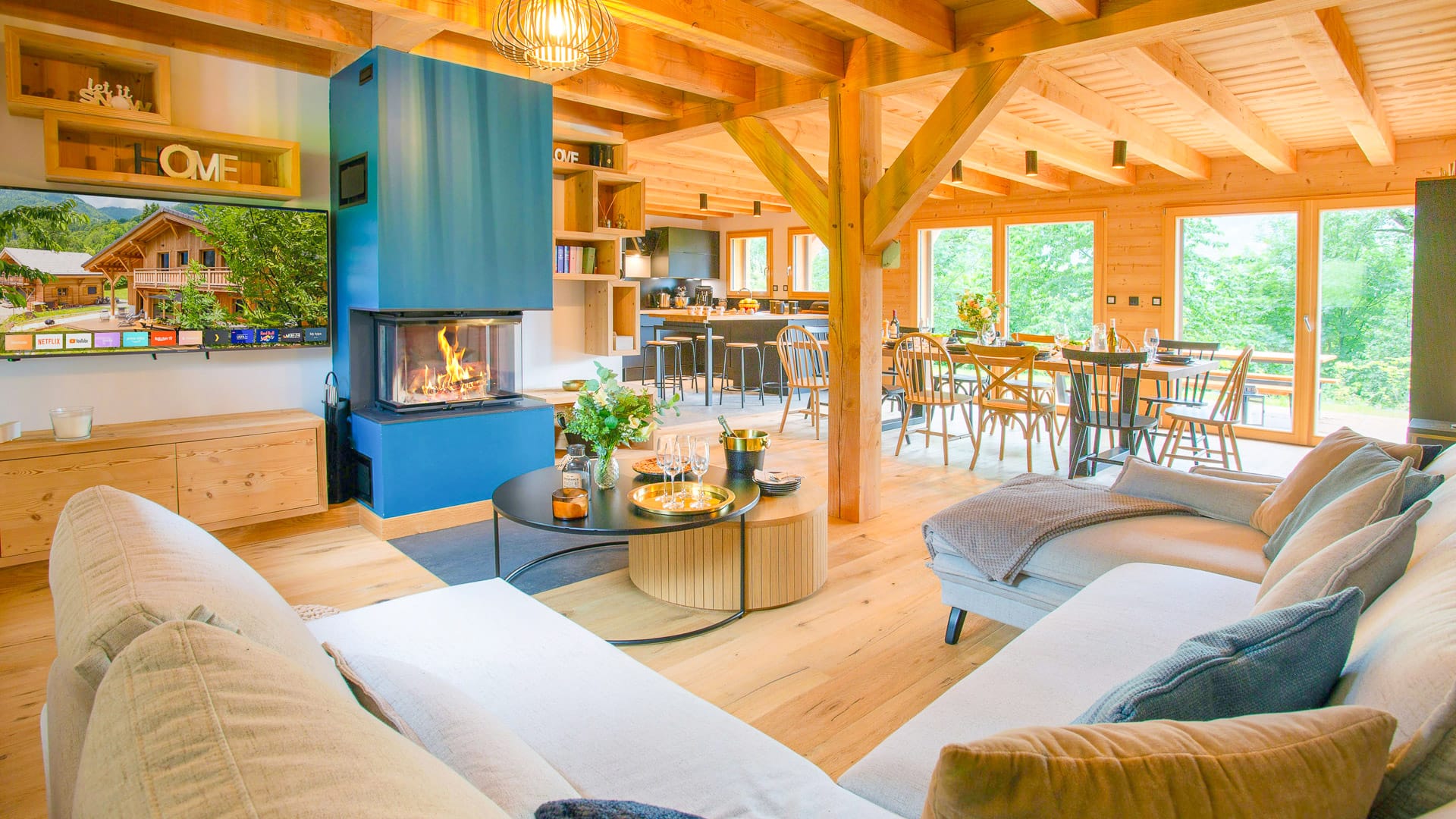 Sociable living and dining spaces at Chalet Lezopau for family and friends