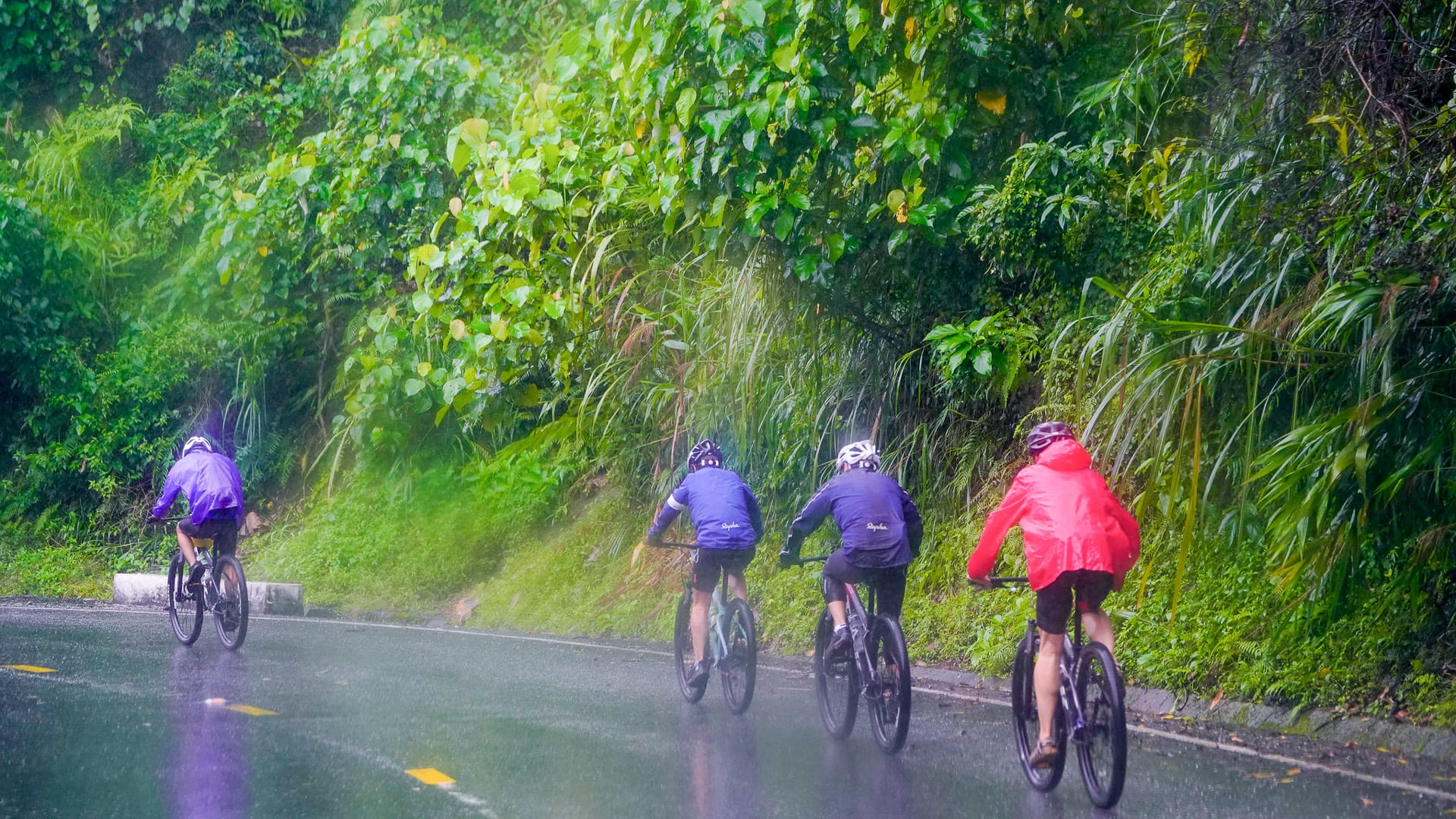 Cyclists riding in the rain in northern Vietnam with wet roads and misty surroundings