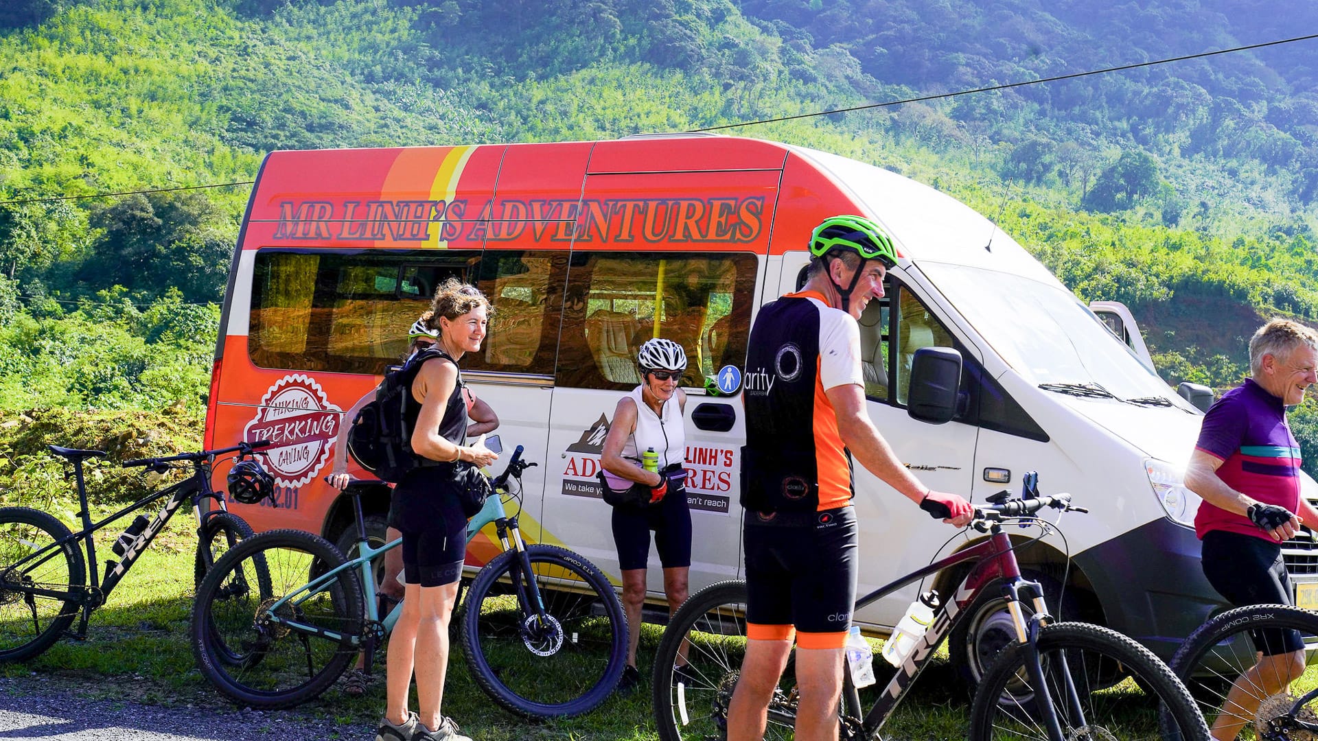 Support van from Mr Linh's Adventures following cyclists on a ride in northern Vietnam