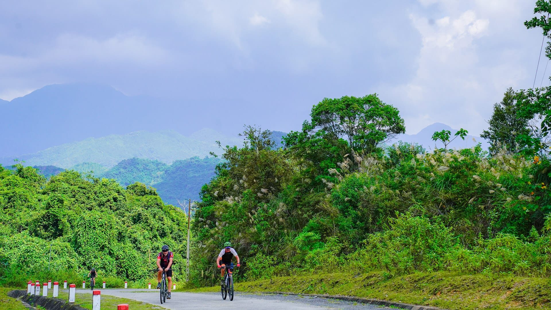 Cycling in northern Vietnam through green forests with lush landscape and quiet roads