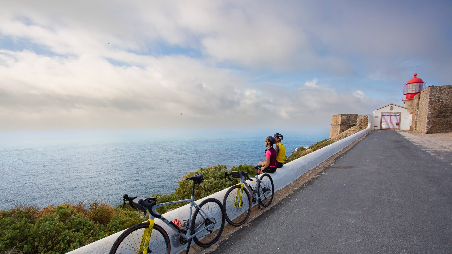 Cyclists in Sagres after visiting Cape St Vincent, the southernmost point of Europe
