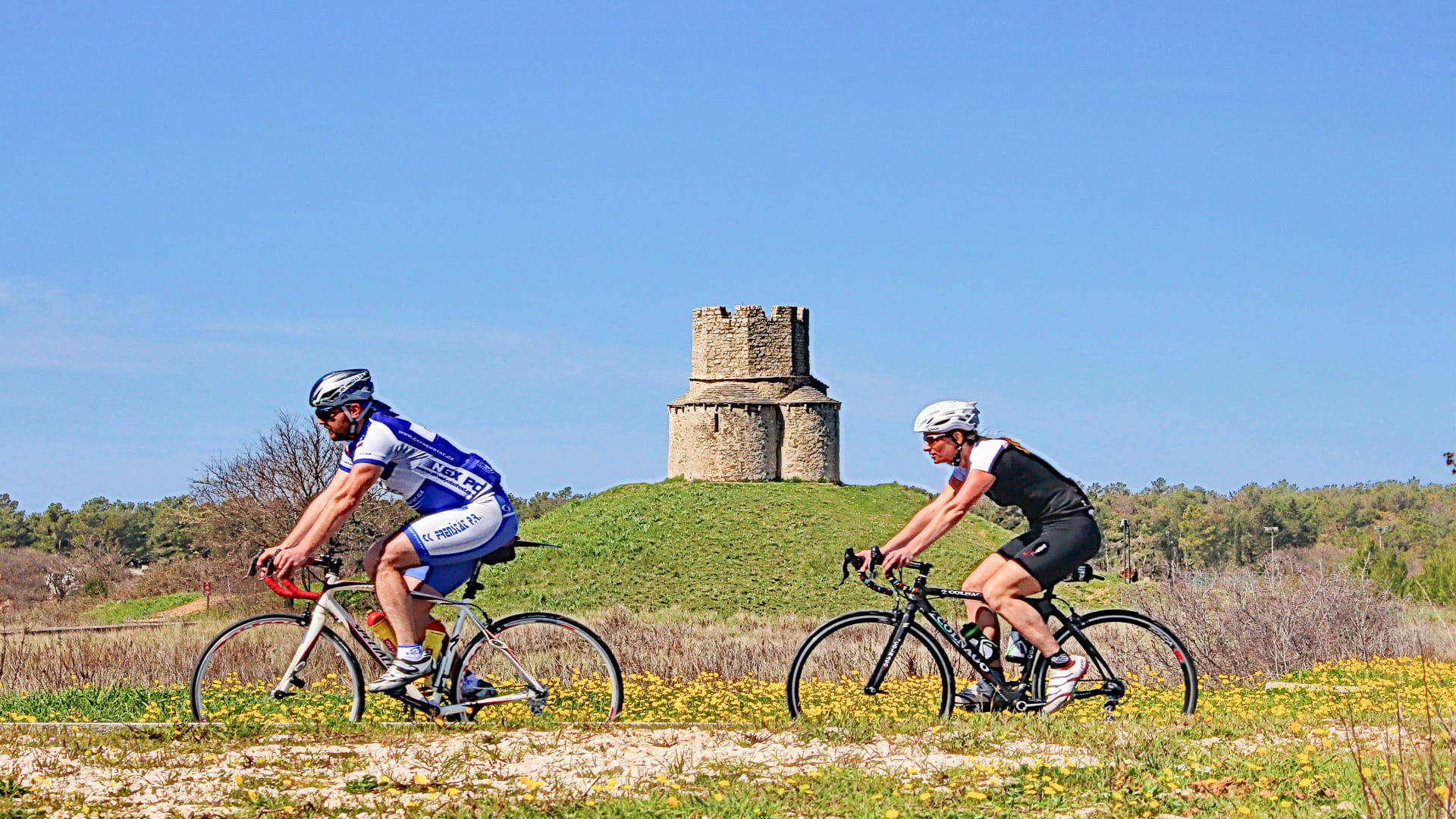 Riders cycling in Nin, the oldest Croatian royal town