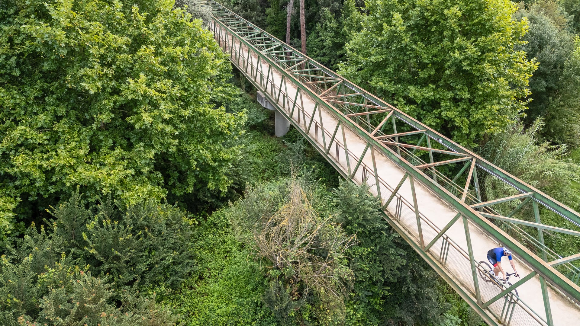 Cyclist crossing a tree-lined bridge in Palol d’Onyar, Girona
