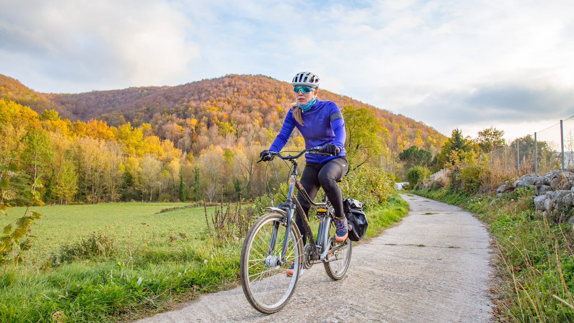Cyclist riding the Pirinexus route in Ripollès, Girona Pyrenees