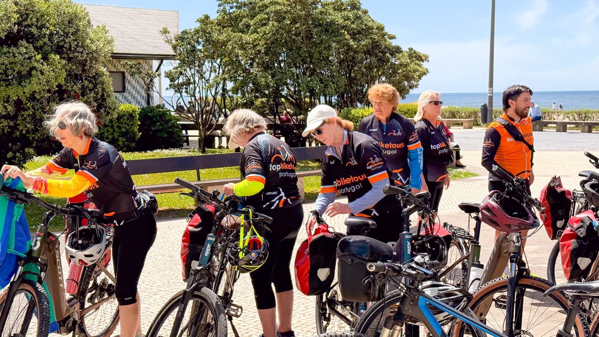 Cyclists taking a rest during a ride in Portugal