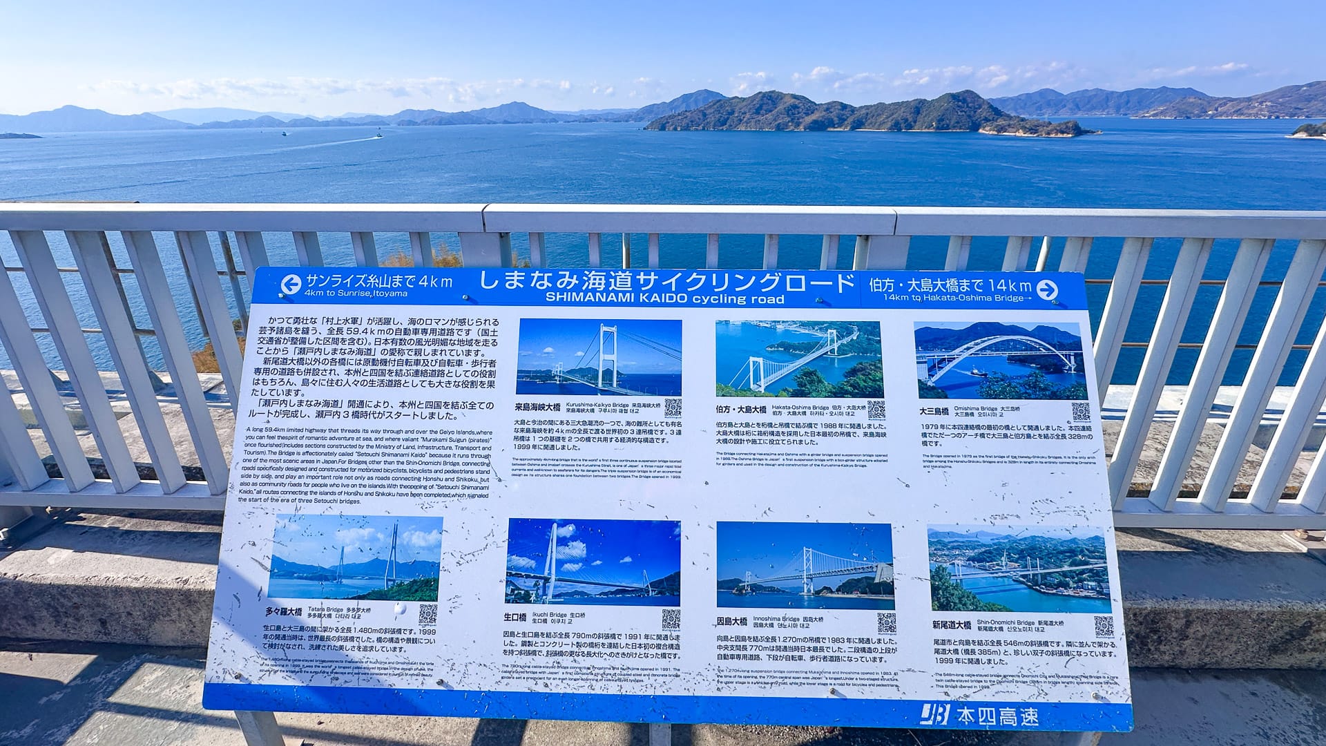 Information board about the Shimanami Kaido cycling route with sea and bridge views in Japan