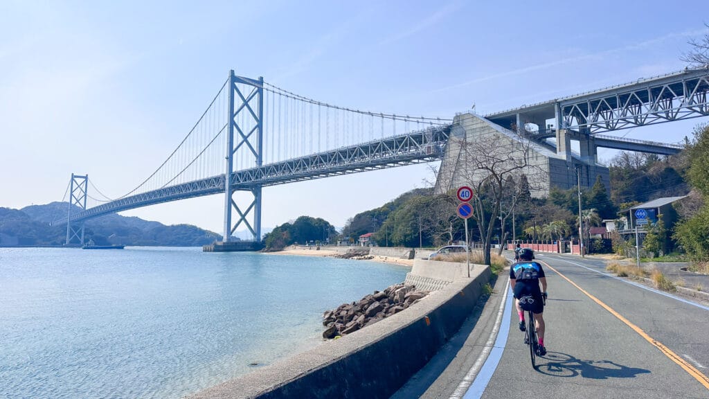 Cycling towards Innoshima Bridge on Mukaishima Island in Japan on day three of the Shimanami Kaido route