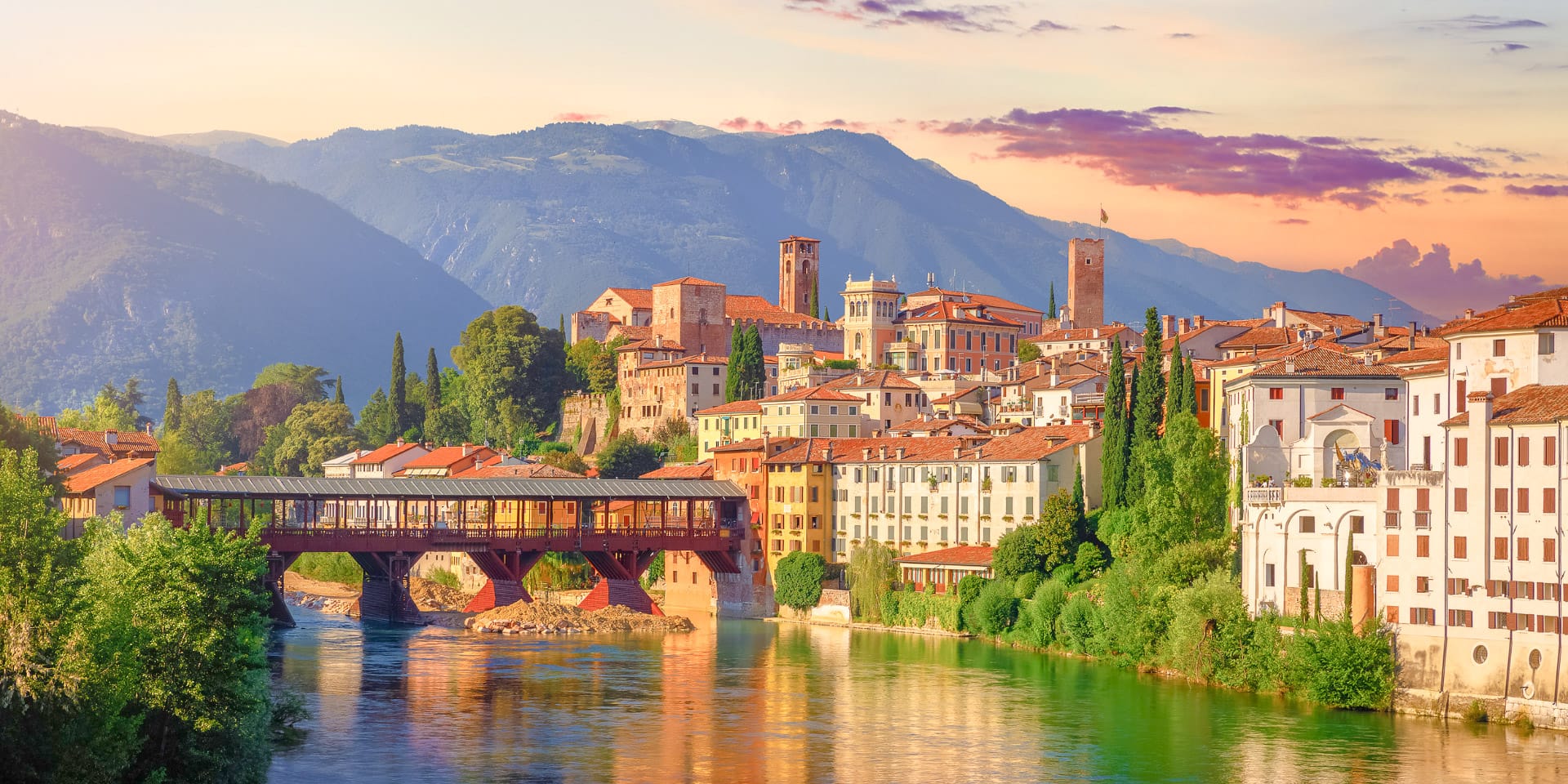 Bassano del Grappa and the Brenta River at the foothills of Monte Grappa