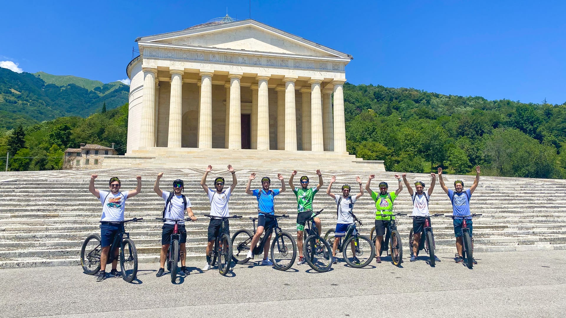 Cyclists at the Tempio Canoviano in Possagno, Veneto, Italy