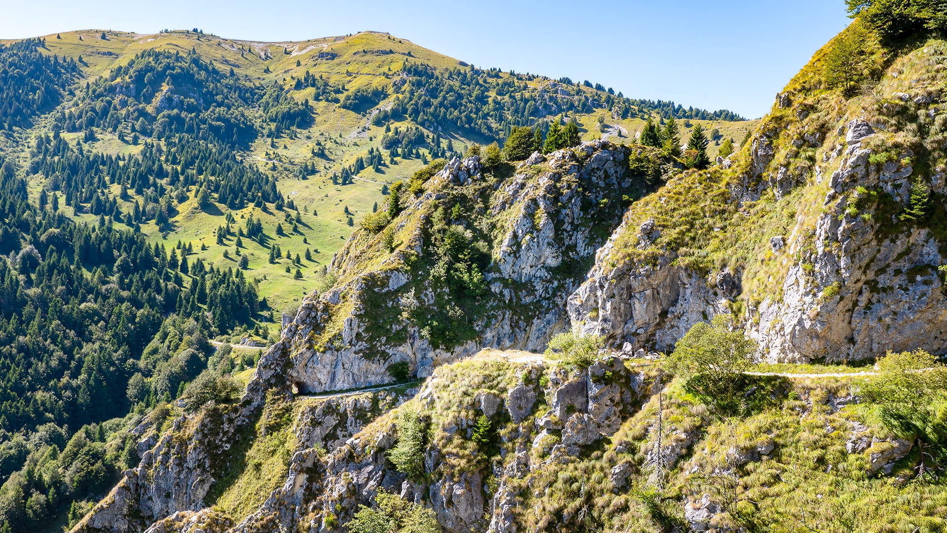Mountain biker riding the Meatte trail on Monte Grappa, Veneto, Italy