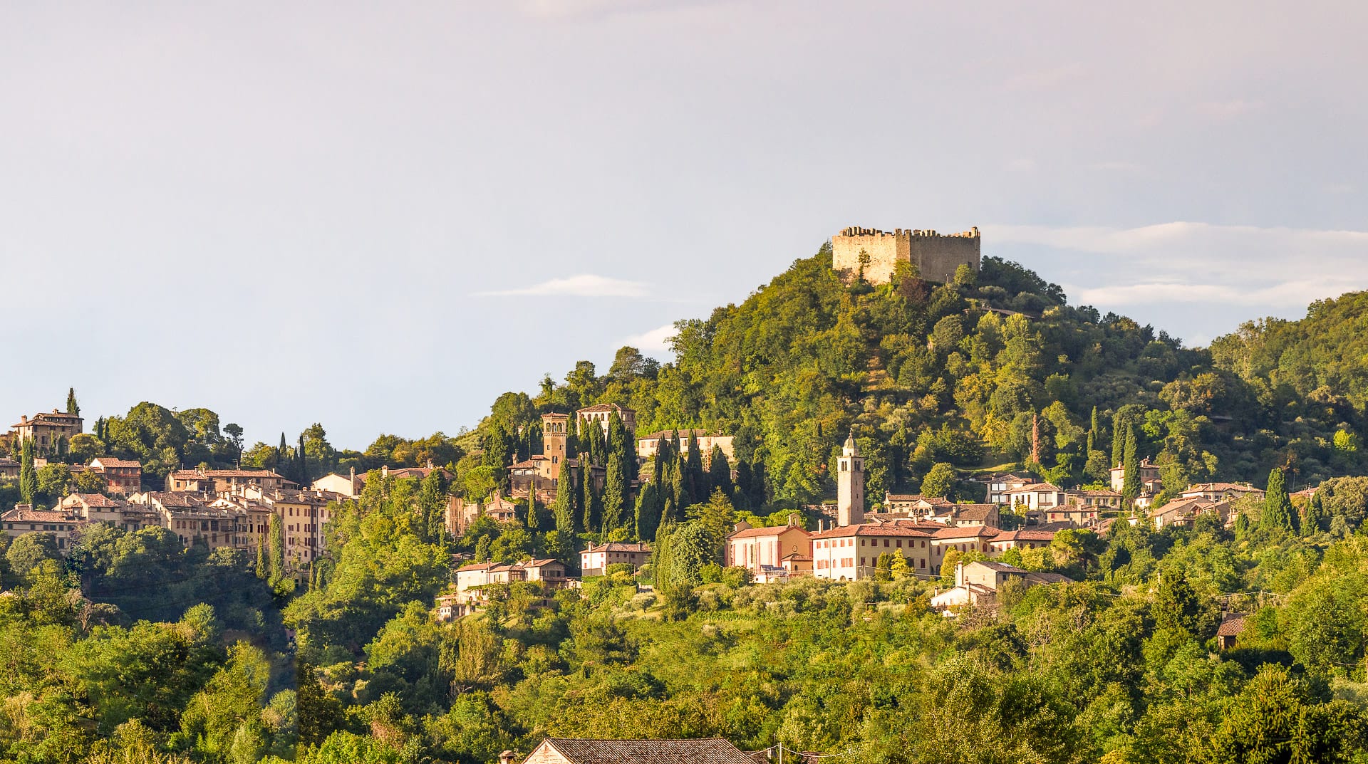 Rocca of Asolo above the hill town and the Asolan Hills in Veneto, Italy