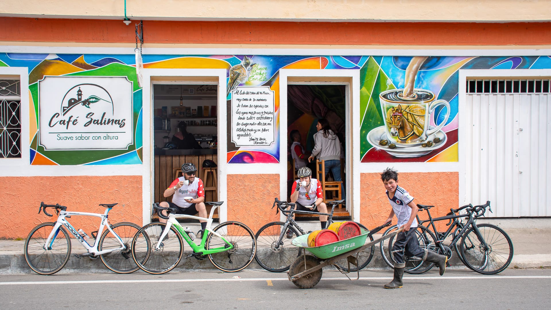 Cyclists enjoying a coffee break in the UNESCO-recognized Coffee Cultural Landscape of Colombia (CCLC), Murillo, Tolima