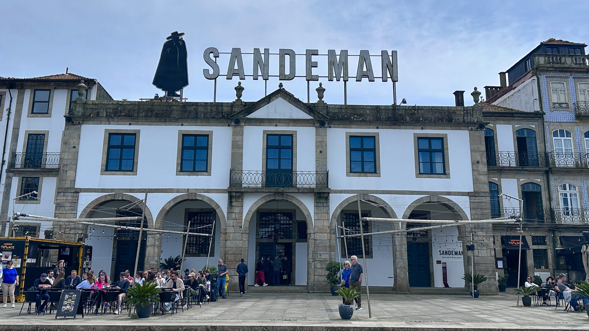 Sandeman Port wine company building pavement café in Portugal