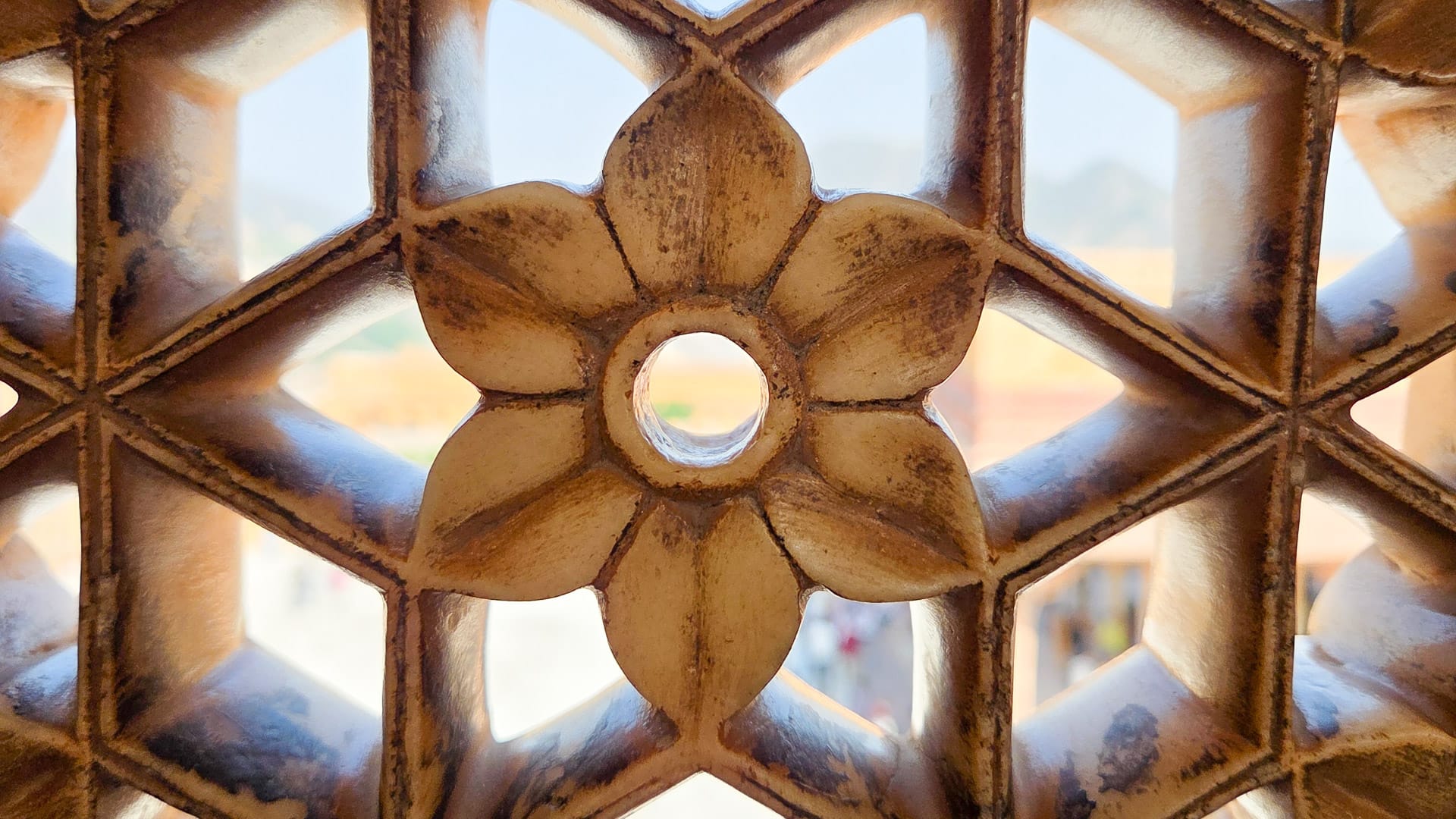 Flower-shaped stone carving in a lattice screen at Amber Fort, Jaipur