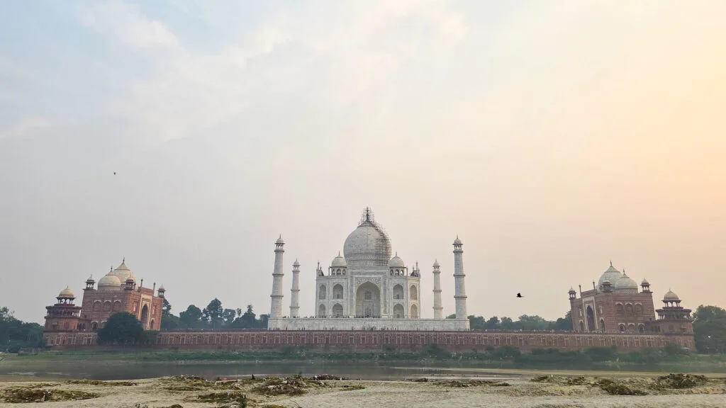 View of the Taj Mahal from Mehtab Bagh in Agra, India