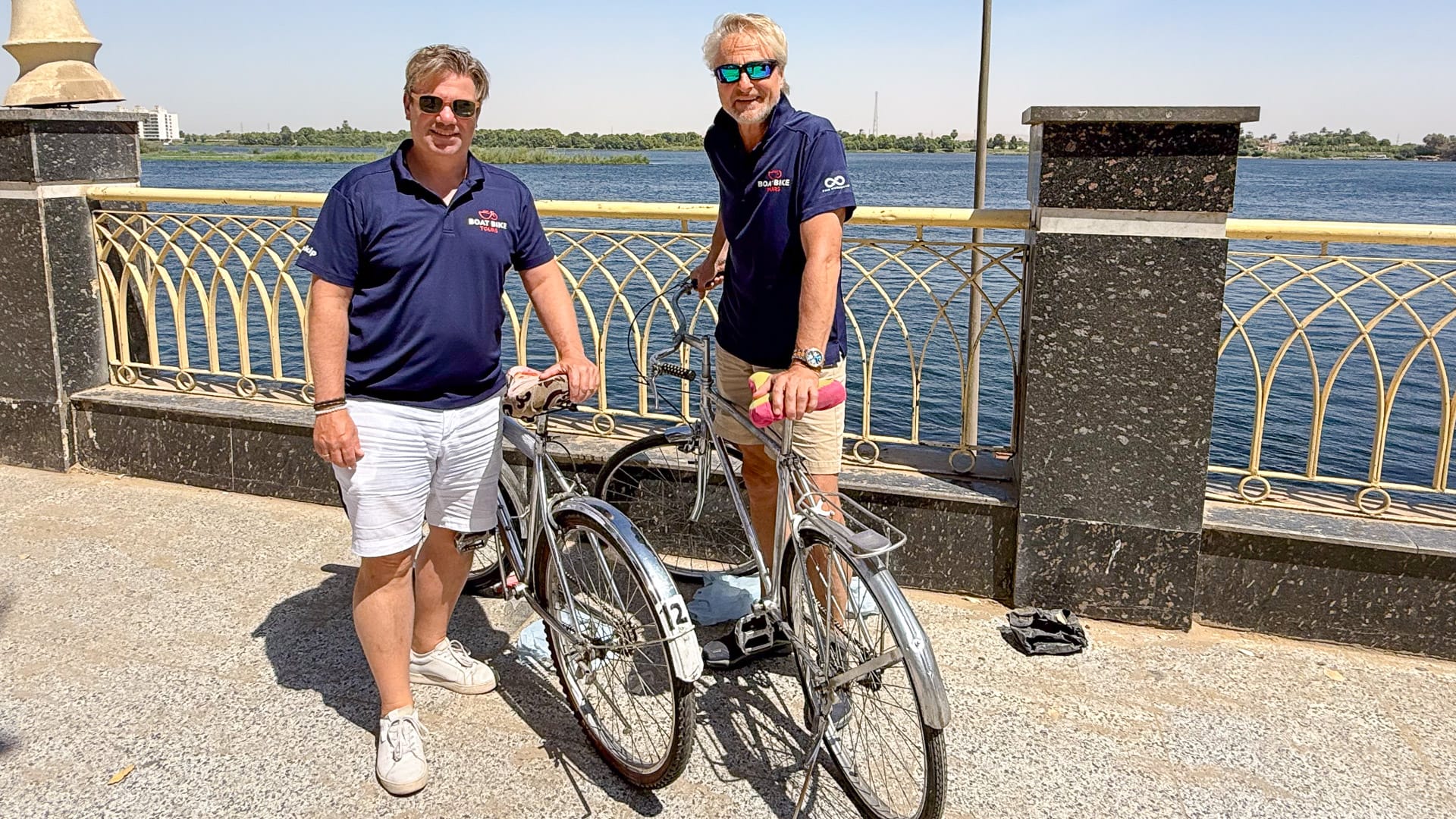 Rudi and Laurens preparing for a bike ride in Edfu during a Boat Bike Tours Egypt trip