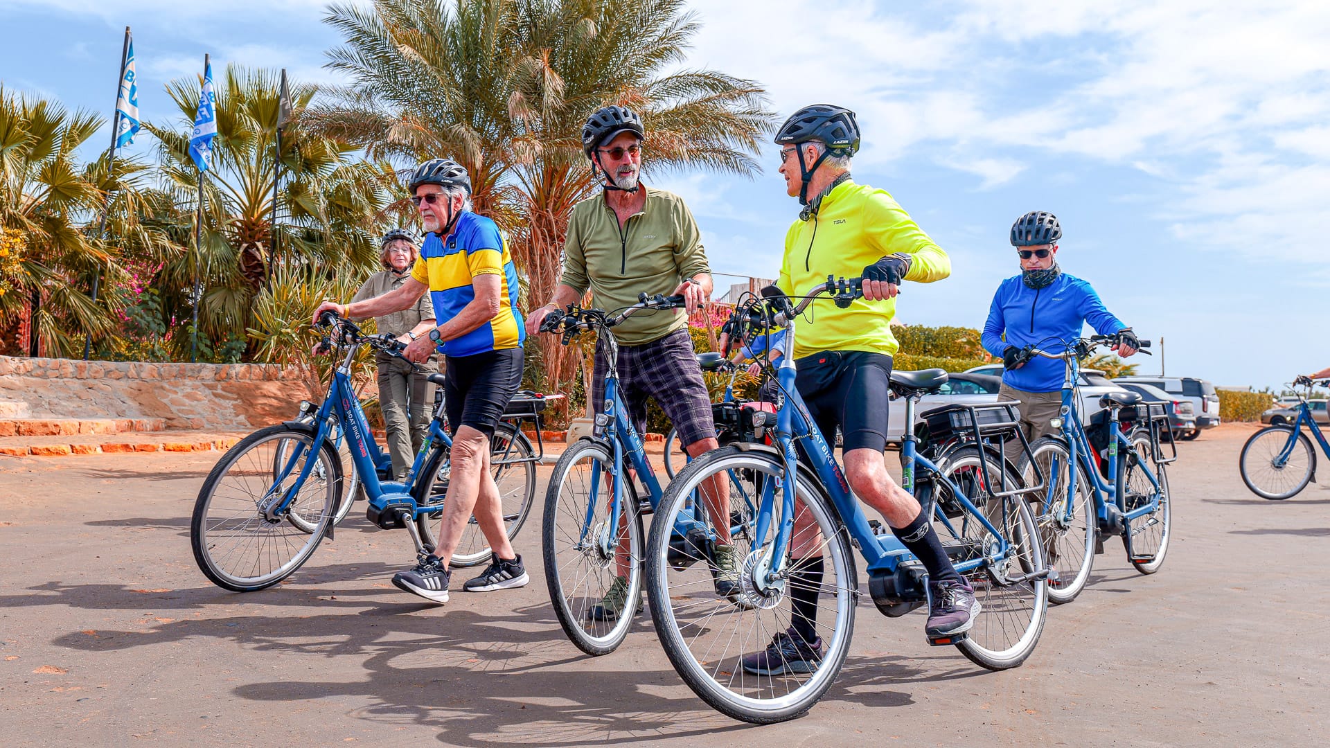 Cyclists riding through El Gouna during a Boat Bike Tours Egypt holiday