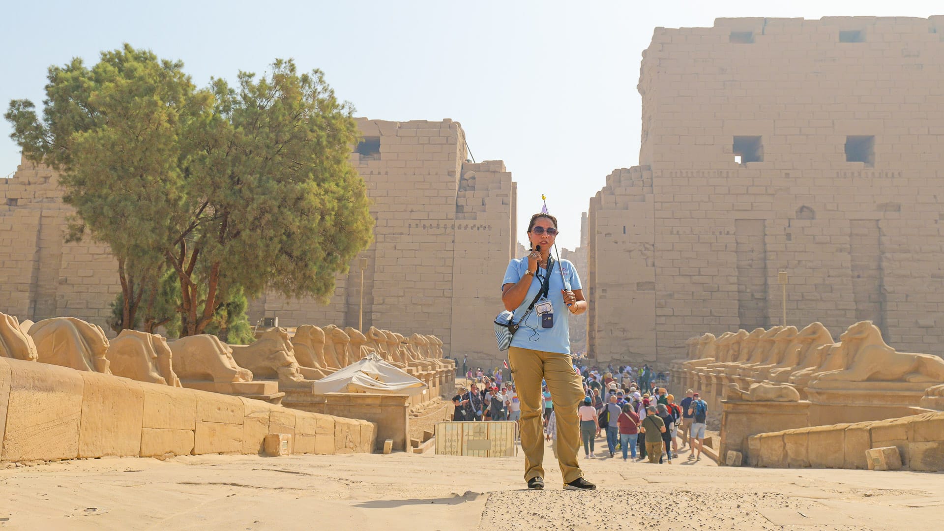 Egyptologist guiding guests through Karnak Temple on a Boat Bike Tours Egypt holiday