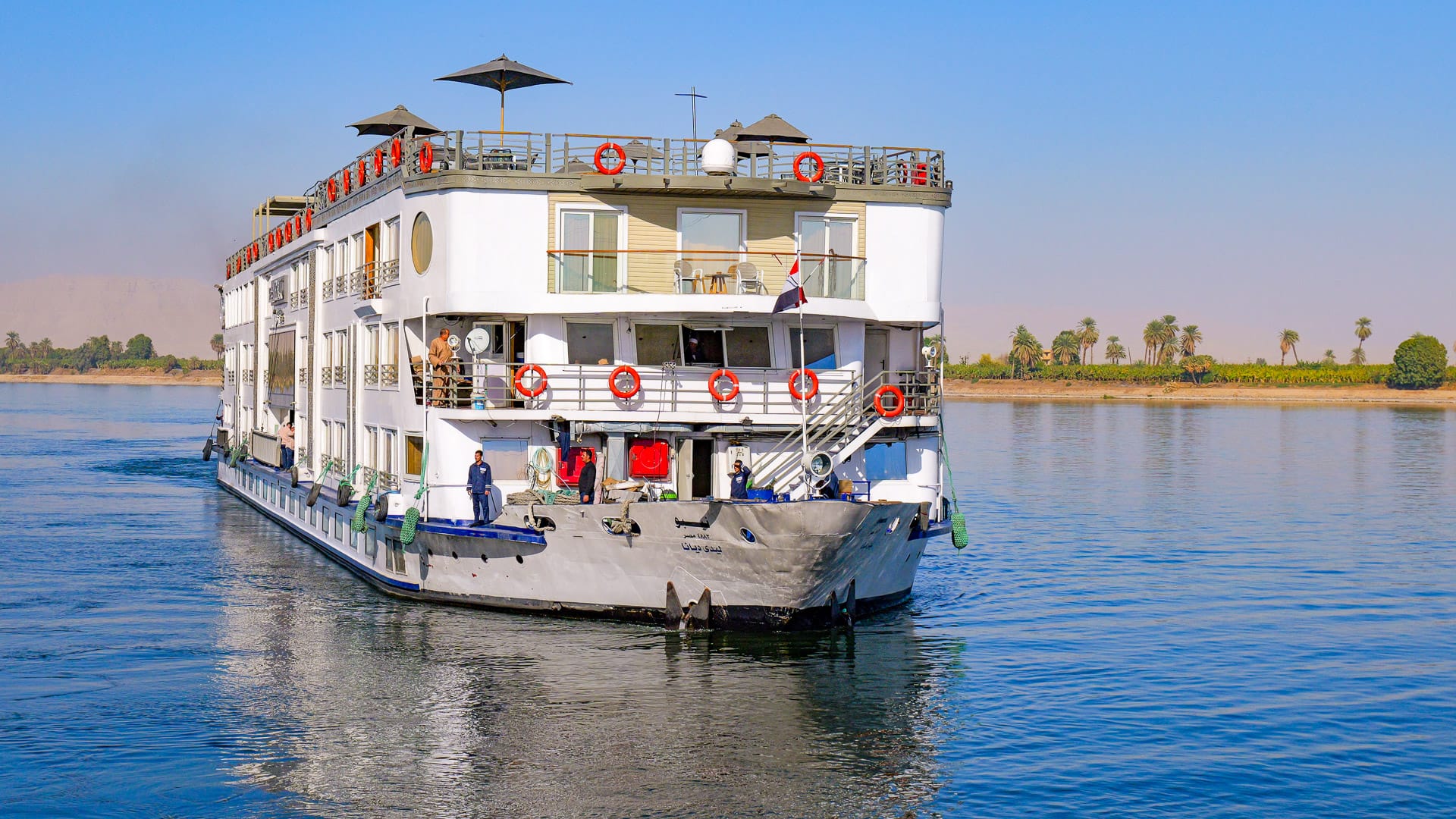 Nebu cruise ship sailing along the Nile on a Boat Bike Tours Egypt holiday