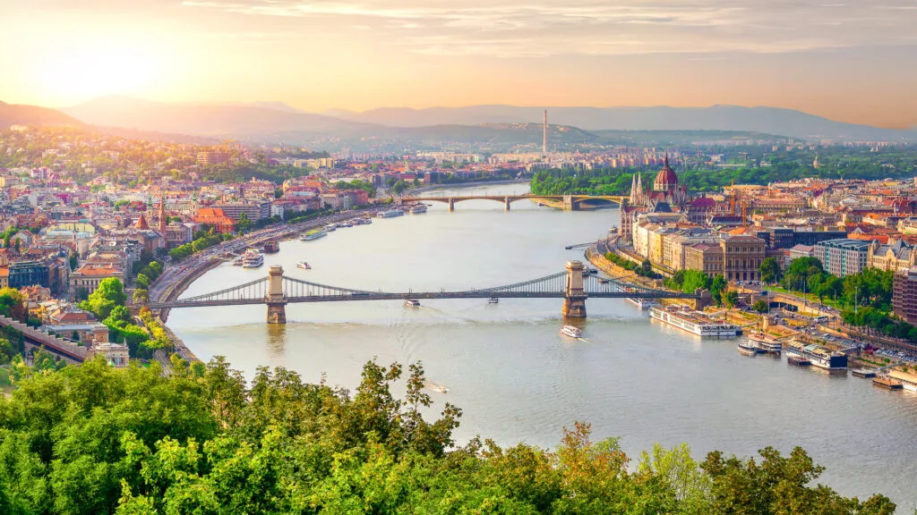 Panoramic view of summer Budapest at sunset