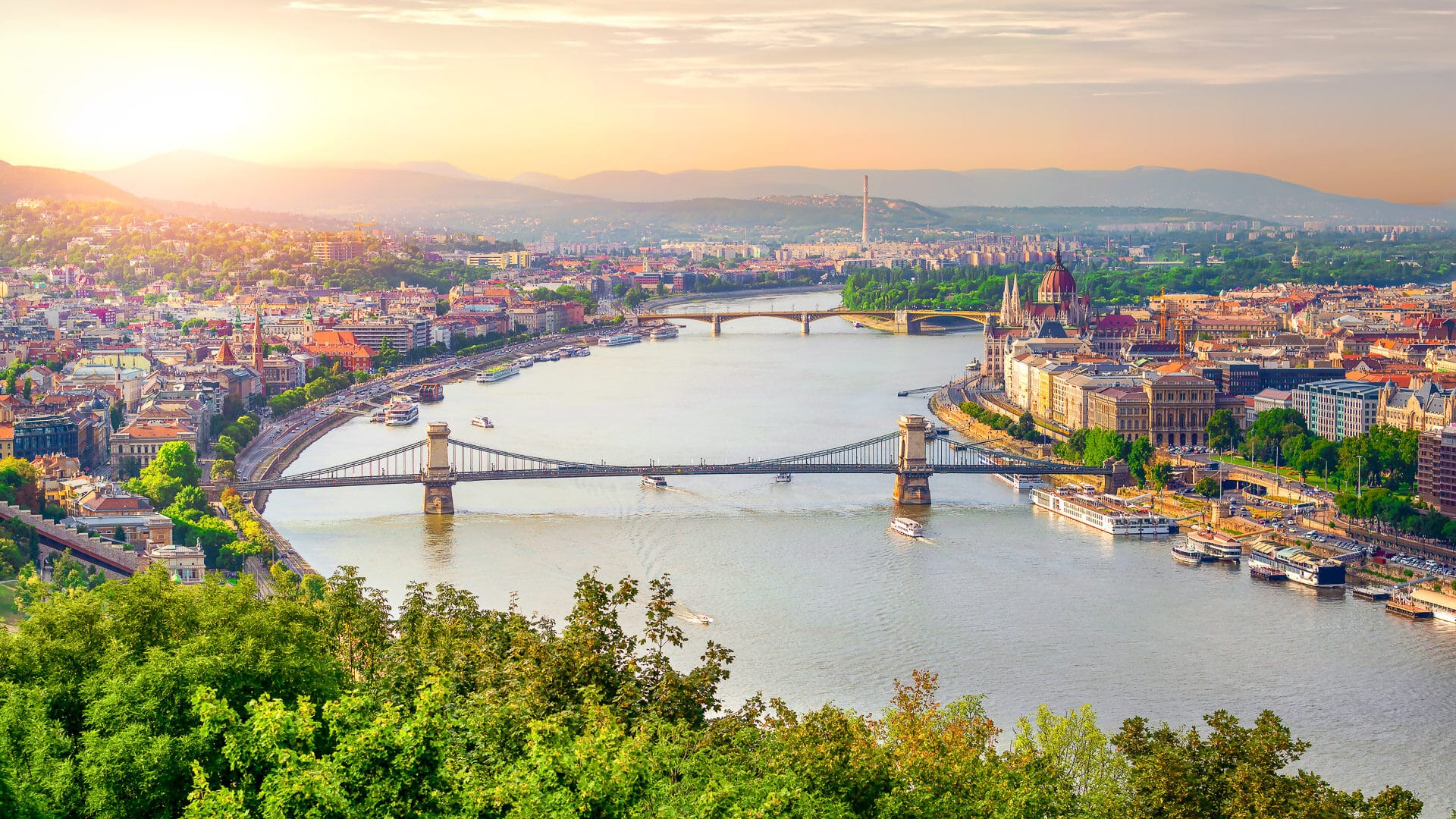 Panoramic view of summer Budapest at sunset